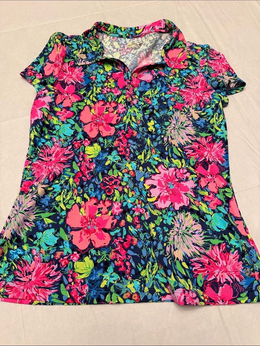 Lilly Pulitzer Luxletic Navy Floral Polo with Pink & Green
